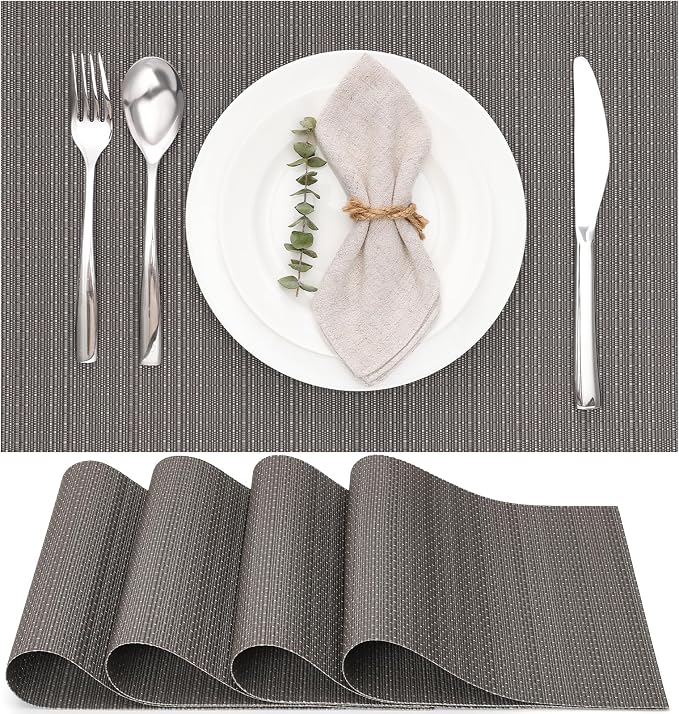 Myir JUN Placemats Set of 4 Kitchen and Dining Table Placemats | Vinyl Placemats Place Mats Indoor/Outdoor Set of 4 Washable Table Mats Non-Slip Place mats for Dining Table, Dark Gray