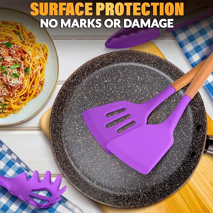 12 Pcs Purple Kitchen Accessories with Holder for Nonstick Cookware | Silicone Cooking Utensils Set for BBQ; Heat-Resistant Tools with Wooden Handles for Baking, Serving, Frying, and Mixing