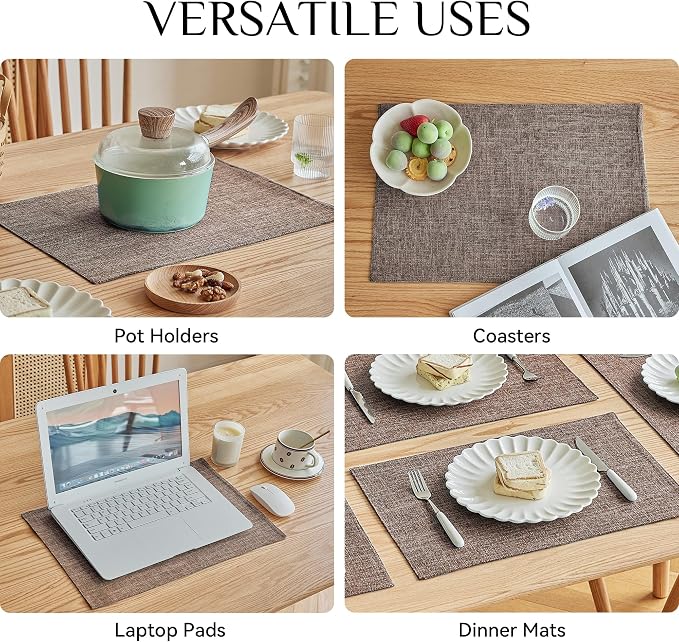 Softalker Faux Linen Placemats Set of 6-12 x 18 Inch, Heat Resistant Double Layered Durable Burlap Farmhouse Place Mats, Non-Slip Washable Rustic Table Mats for Dining, Kitchen, Party,Natural Linen