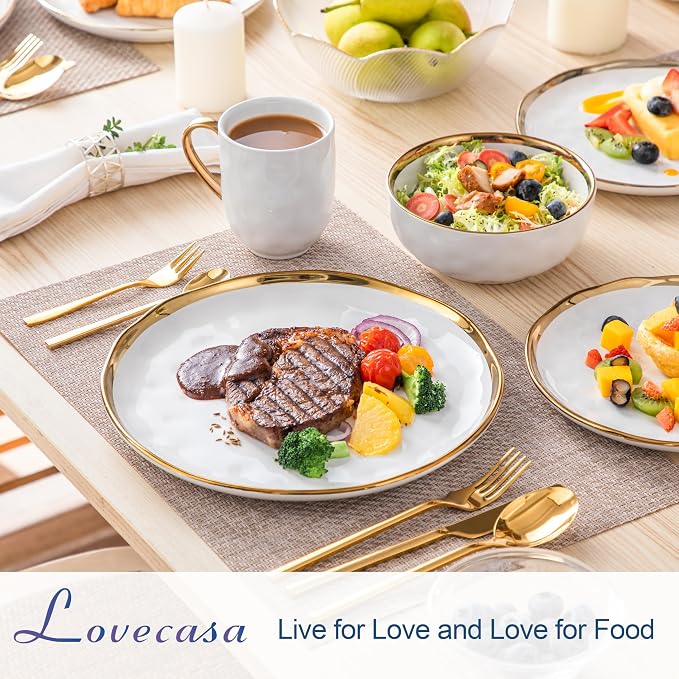 LOVECASA 16 Pieces Plates and Bowls Sets, Porcelain White and Gold Dinnerware Sets, Round Dinner Plates Dishes Set Service for 4, Dishwasher Safe and Scratch Resistant, White