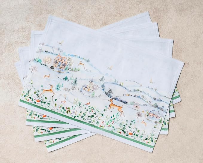 Maison d' Hermine Placemats Set of 4 Reusable 100% Cotton (13"x19") | Cloth Place Mats Washable Table Mats for Kitchen Dining Party Wedding Hotel Home Thanksgiving Christmas - Snowy World