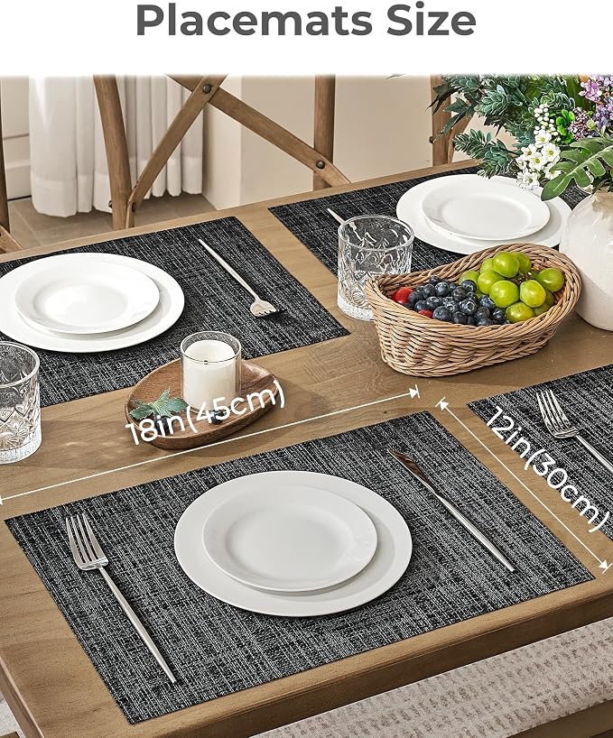 Leetaltree Black and Grey Woven Placemats Set of 8 - Heat Resistant Non-Slip Place mats for Dining Table, Washable Durable PVC Vinyl Woven Table Mats(Black & Grey, 8)