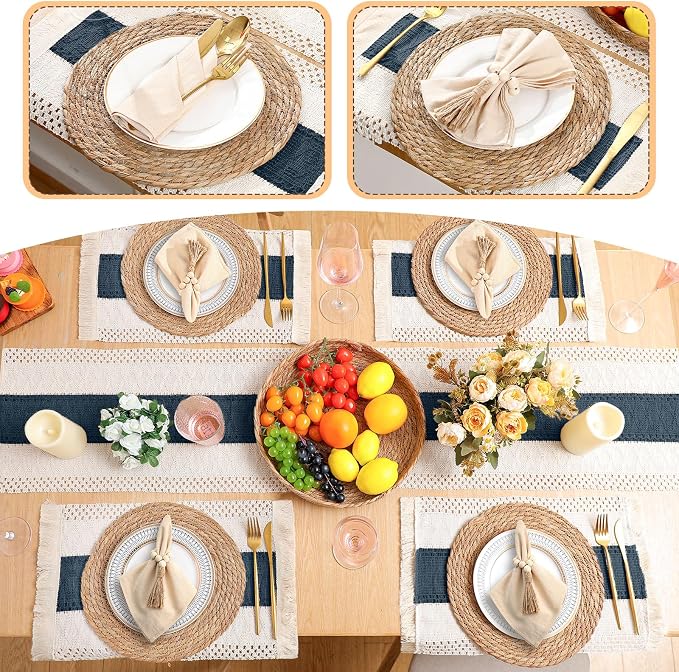 6 Sets Boho Decoration Placemats Round Woven Placemats, Cloth Napkins, Wood Bead Napkin Rings, Long Table Runner and Farmhouse Burlap Cotton for Table Kitchen (Blue,12x72)