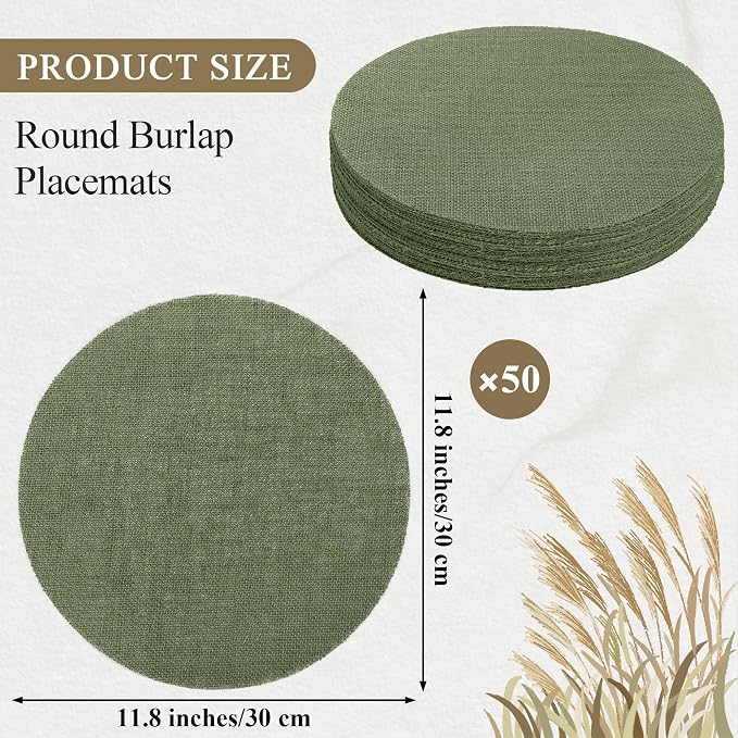 Aneco 50 Pieces Round Burlap Placemats 11.8 Inch Reusable Sage Green Table Mats Heat Resistant Natural Jute Fibers Placemats Burlap Circle Rustic Table Decorations for Dinner Holiday Farmhouse Decor