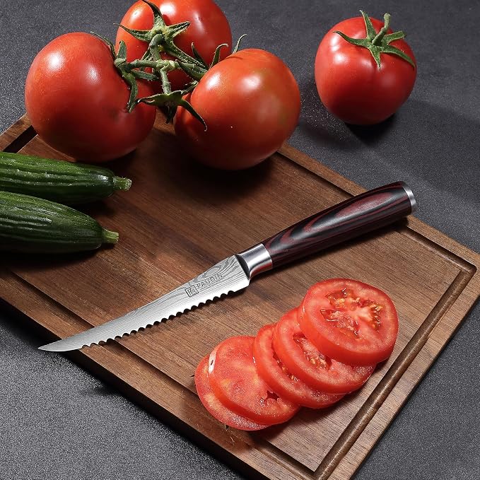 PAUDIN Tomato Knife, 5 inch Serrated Tomato Knife with Sheath | High Carbon Stainless Steel Tomato Slicer Knife for Smooth Cutting Slicing Vegetables and Fruits