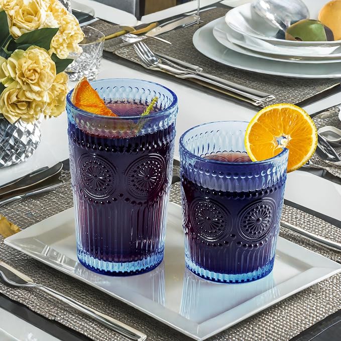 Loivttvv 12pcs Vintage Drinking Glasses Set, 12 oz Highball Glasses & 9 oz Embossed Ribbed Glassware Cups for Cocktail, Water, Juice, Coffee, Whiskey (Blue)