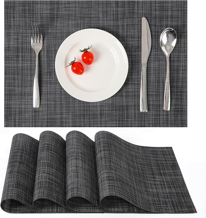 Myir JUN Placemats Set of 4 Kitchen and Dining Table Placemats | Vinyl Placemats Place Mats Indoor/Outdoor Set of 4 Washable Table Mats Non-Slip Place mats for Dining Table, Dark gray-black