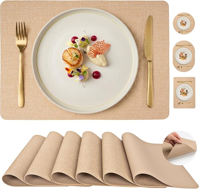 Faux Leather Placemats Set of 6, Wipeable Waterproof Stain Resistant Table Mats, Heat Resistant Thick Placemats with Hand-Painted Edges for Kitchen Dining, Imitative Linen Texture, Various Shapes
