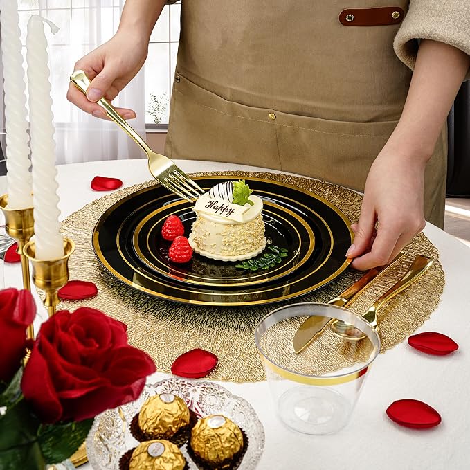 BESTVIP 300PCS Plastic Dinnerware Set, Black Gold Disposable Plates | for Party, Wedding, Anniversary, Includes: Dinner Plates, Dessert Plates, Cups, Spoons, Forks and Knives(50 Guests)