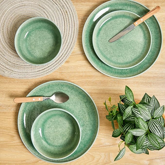 Sango Asher 12-Piece Stoneware Dinnerware Set for 4, Green Ceramic Plates and Bowls Sets, Modern Dish Set with Reactive Glaze, Durable Kitchen Dishes for Casual Dining, Microwave & Dishwasher Safe