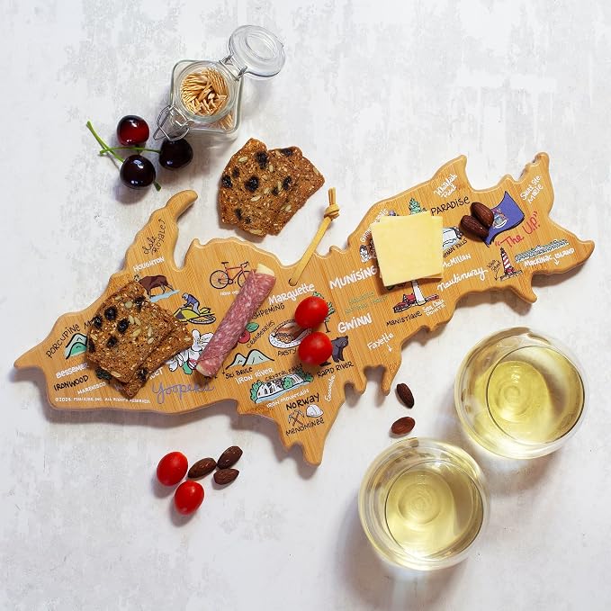 Totally Bamboo Michigan Upper Peninsula Shaped Cutting Board, Fish Kiss Art | Upper Peninsula charcuterie board with colorful hand-drawn map art. Smooth reverse for food prep. Hang tie for wall display.