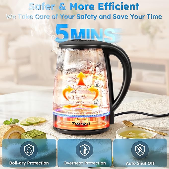 TOPWIT 2.0L Glass Electric Kettle, Hot Water Boiler, BPA-Free | Stainless Steel Bottom & Lid, Fast Boil, Auto Shut-Off & Boil-Dry Protection, No Plastic Odor | for Tea, Coffee, Home, Office