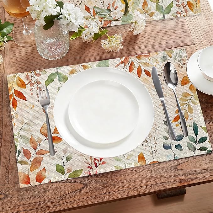 Fall Leaves Fabric Placemats,Autumn Watercolor Leaf Table Placemats Set of 6 Cloth Place Mats, Washable Heat-Resistant Table Mats for Home Kitchen Dining Room Decoration 11.8x17.7 Inch