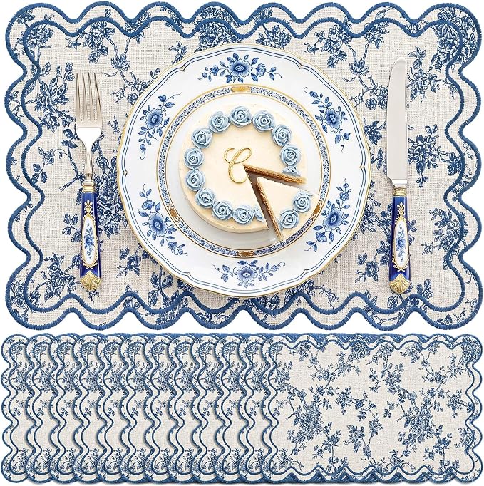 Linen Placemats Set of 12 Scalloped Placemat 13 X19 Wavy Embroidery Double Layered Washable Farmhouse Dinner Fabric Table Mat Napkin for Wedding Party Restaurant(Floral,Blue)