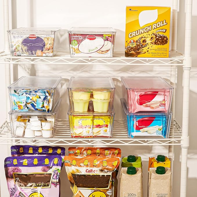 Vtopmart 4pcs Clear Stackable Storage Bins with Lids | BPA-free food-grade PET, Stackable with Lids Included, Easy to Move, For Fridge Freezer Pantry Cabinet Kitchen Organization