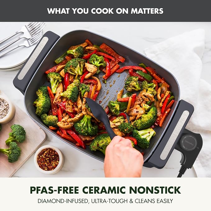 GreenPan Advanced 12” X 15” Electric Skillet with Lid, 7QT Capacity for Family Meals, Healthy Ceramic Nonstick PFAS-Free Coating, Fry, Sauté, Steam, Simmer, Sear, Stir Fry, Dishwasher Safe, Graphite