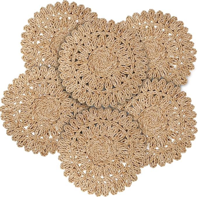 15" Corn Husk Woven Round Placemats Set of 6 - Wicker Boho Farmhouse Placemats - Rattan Table Mats Like Water Hyacinth for Dining Table, Wedding, Home