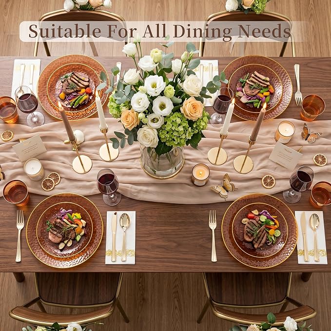 DaYammi 175PCS Clear Amber Plastic Dinnerware Set, Plastic Plates Disposable Hammered Disposable Plates for Party, Include: 25 Dinner Plates 25 Dessert Plates 75 Gold Silverware 25 Napkins 25 Cups