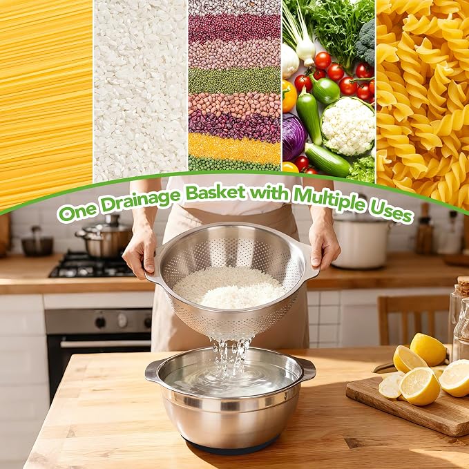 304 Stainless Steel Colander and Strainer, 5QT Large Capacity and 6QT Mixing Bowl, Micropore for Washing Rice, Fruit, and Cooked Pasta, Perfect Draining for Grain and Bean