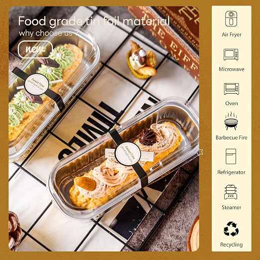 NPLUX Loaf Pans with Lids, 50 Pack Gold 6.8oz for Dessert Displays | Suitable for mini breads, tart portions, dips and sweets; cover-after-cooling setup helps cut repacking steps.