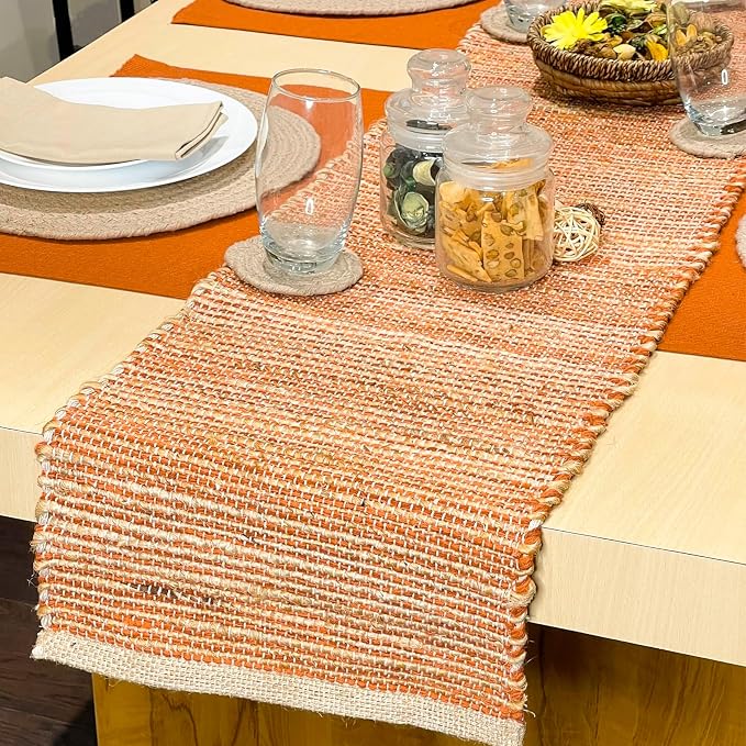 Natural Jute Table Runner 13x72 Inch – Vintage Boho Rustic Table Decor – Handwoven Table Runner in Natural Jute and Rust Orange – Farmhouse Dining or Console Table Accent