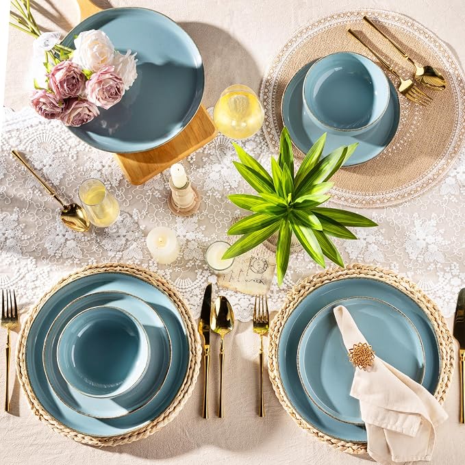 AmorArc Dinnerware Sets for 4, 12 Pieces Ceramic Plates and Bowls Set | Scratch Resistant Stoneware Dishes Set, Dishwasher & Microwave Safe, Stone Blue