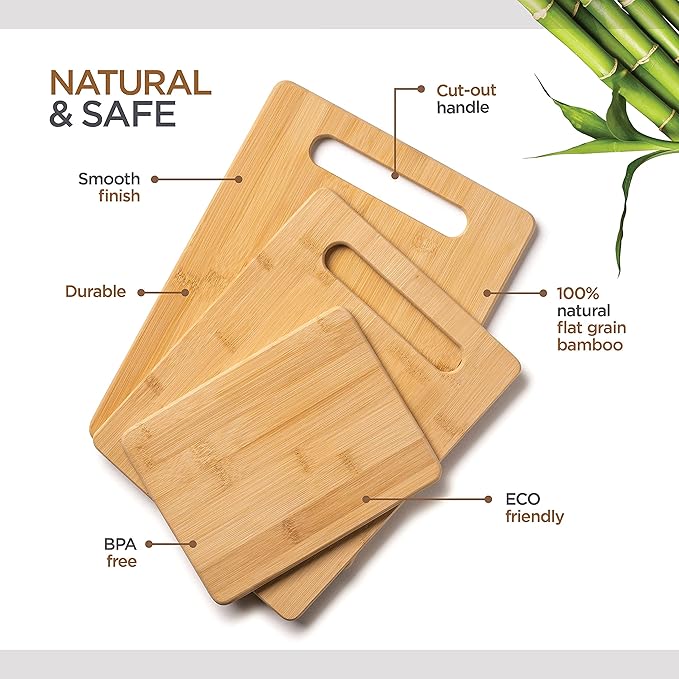 Bamboo Cutting Boards for Kitchen - Set of 3 Reversible Wood Cutting Boards with Handle, Large Medium Small Chopping Boards for Meat Vegetables Fruit Cheese Bread, Knife Friendly, 13x9.5 11x8.5 8x6