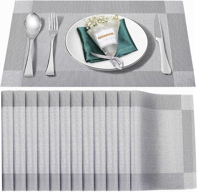 Silver Vinyl Placemats Set of 12,Washable Dining PVC Table Mats | Heat resistant, stain resistant non slip vinyl place mats, washable silver table placemats for dining table