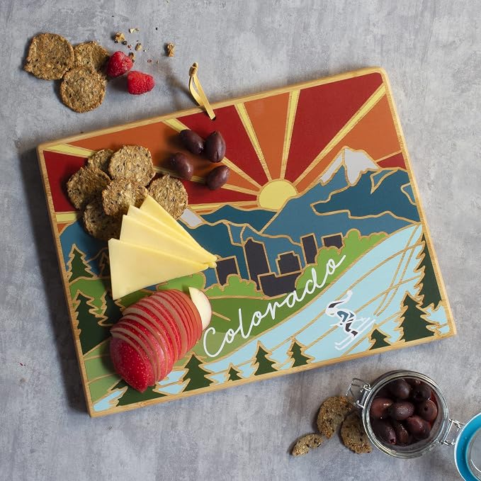 Totally Bamboo Colorado State Shaped Cutting Board, Summer Stokes Art | State charcuterie board with colorful hand-drawn landscape art. Smooth reverse side for food prep. Hang tie for wall display.