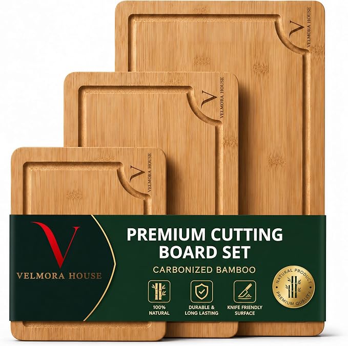 Bamboo Cutting Boards for Kitchen - Premium Carbonized Bamboo Cutting Board Set of 3 with Deep Juice Groove, Side Handles & Stand, Heavy Duty for Meat, Charcuterie & Serving