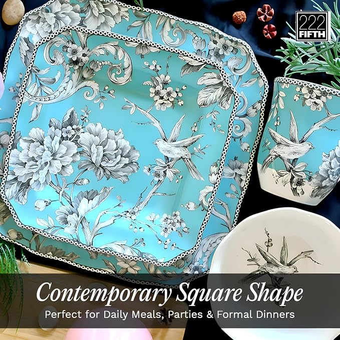 222 Fifth Adelaide Turquoise 16-Piece Porcelain Dinnerware Set | Microwave and Dishwasher Safe Dining Set for 4 | Stackable and Chip-Resistant Plates Bowls and Cups | Gift for Housewarming & Wedding