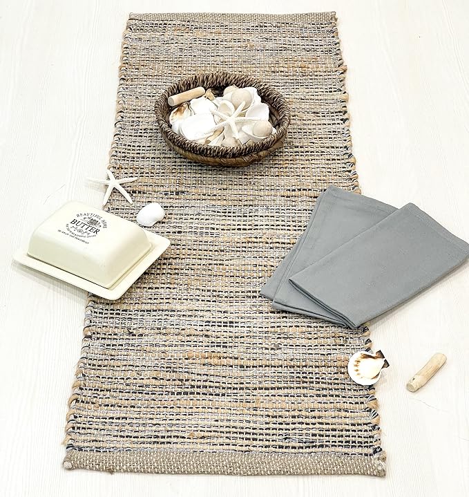 Natural Jute Table Runner 13x48 Inch – Vintage Boho Rustic Table Decor – Handwoven Table Runner in Natural Jute and Grey – Farmhouse Dining or Console Table Accent