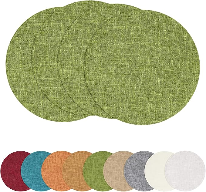 Cotton Linen 15 Inch Round Cloth Place mats, Set of 4, Grass Green | Washable Table Mats, Heat Resistant, Reversible, Wipeable Place Mats for Indoor Outdoor