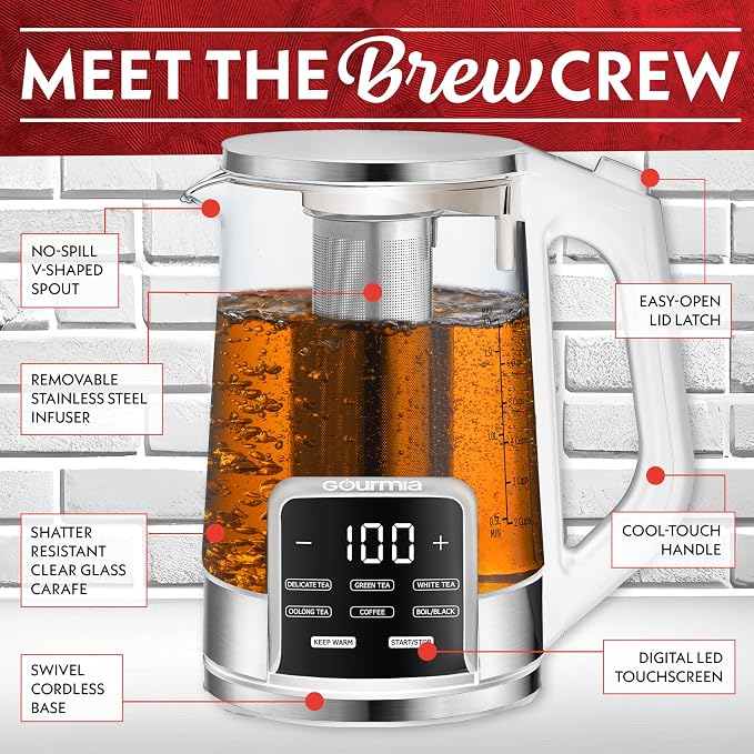 Gourmia Electric Glass Kettle – 1.7L Programmable Tea & Coffee Brewer with Digital Touch Display, 6 Presets, Removable Stainless Steel Infuser, Cordless with 360° Swivel Base, White