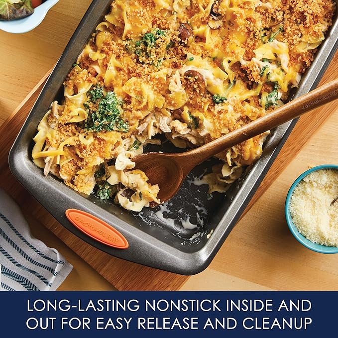 Rachael Ray Nonstick Rectangle Cake Pan, 9x13 Baking Pan | Oven Lovin' Collection, Oven Safe to 500°F, Dishwasher Safe, Great For Lasagna and Casseroles in Gray with Orange Handles