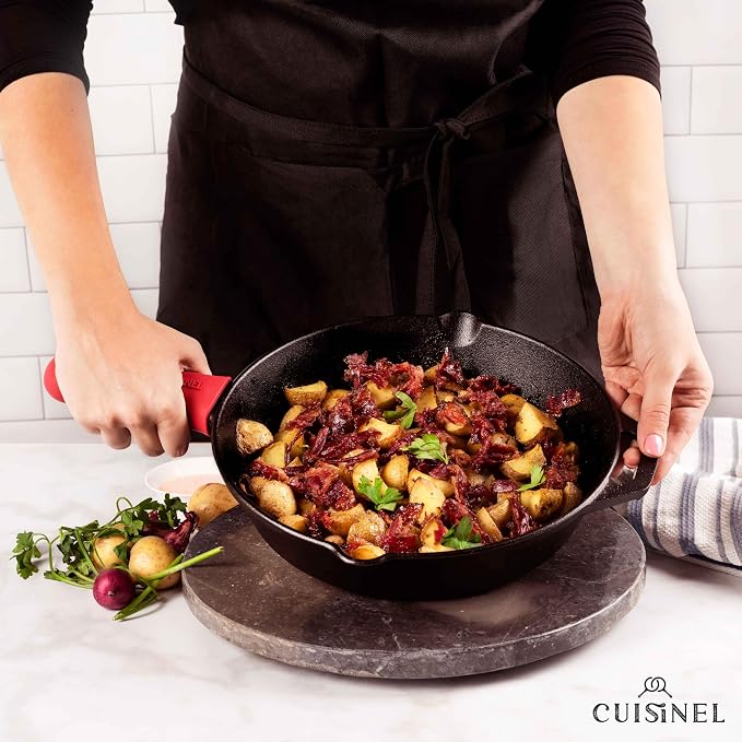Cast Iron Skillet - 10"-Inch Frying Pan with Pour Spouts + Pan Scraper + Silicone Grip Handle Cover Holder - Pre-Seasoned Oven Cookware - Indoor/Outdoor Use - Stovetop, Induction. PFAS and PFOA-free