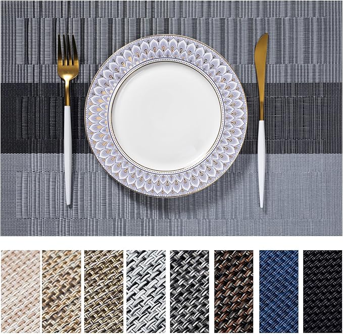 LEXMORE Placemats Set of 6 Vinyl/Plastic Woven Place Mats for Kitchen Table Indoor/Outdoor Washable Placemat Wipeable Dining Table Mats(Silver Gray Black)