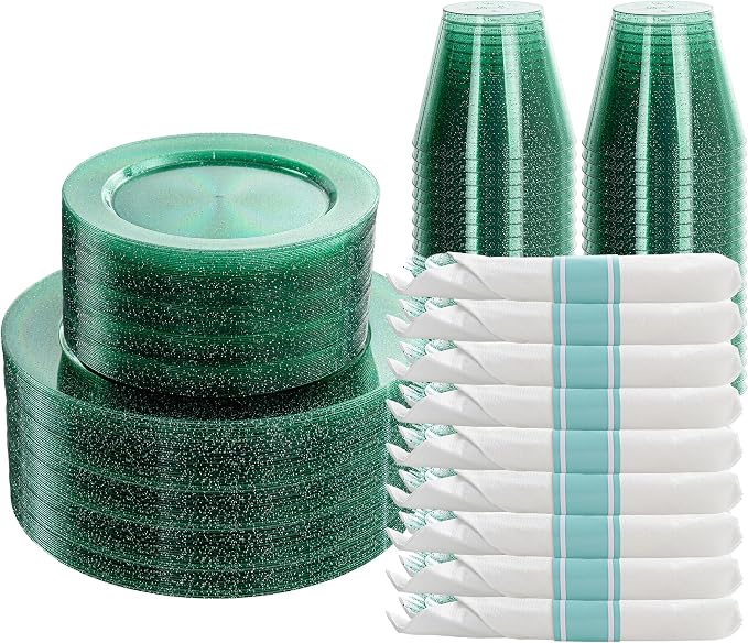 DaYammi 210PCS Green Glitter Plastic Dinnerware Set for 30 Guests, Fancy Disposable Plates for Party, Include: 30 Dinner Plates, 30 Dessert Plates, 30 Pre Rolled Napkins and 30 Cups