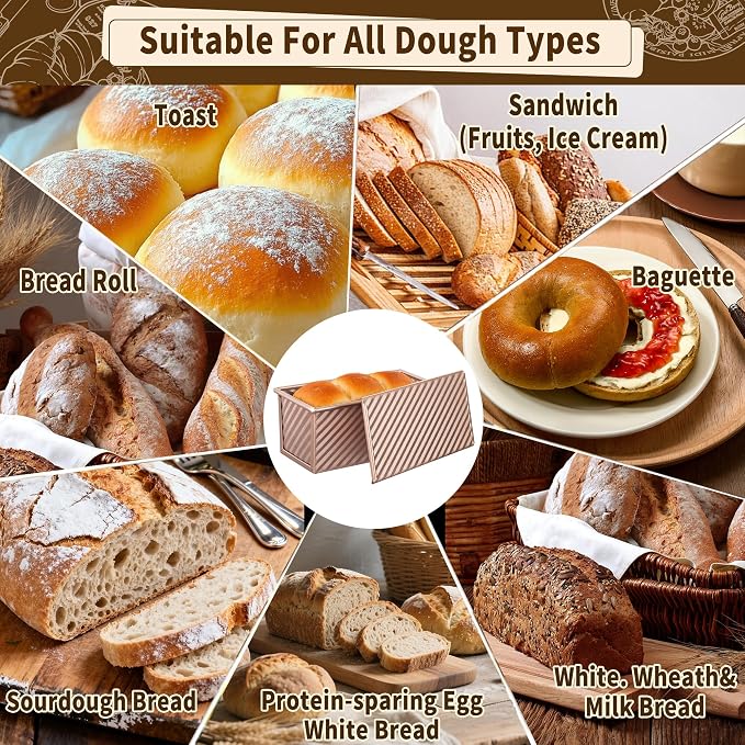 3 Pack Pullman Loaf Pan with Lids, Non-Stick Bread Loaf Pan, Heavy Duty Carbon Steel Corrugated Toast Box for Baking, Square Bread Pans for Homemade Sandwich, Bakeware (Rose Gold)