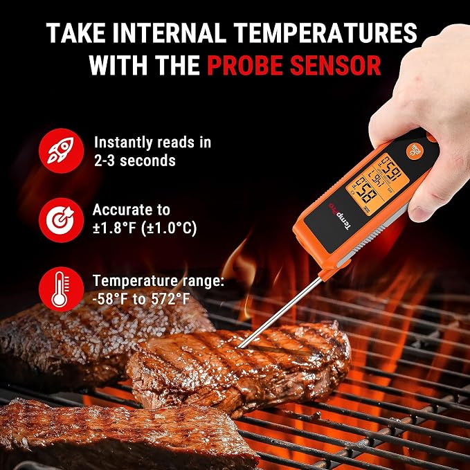 TempPro TempScan 2-in-1 Infrared Thermometer Gun with Meat Probe | Instant Read Thermometer for Grilling, Non-Contact Infrared Thermometer for Cooking Pizza Oven Griddle HVAC Pool AC Vent