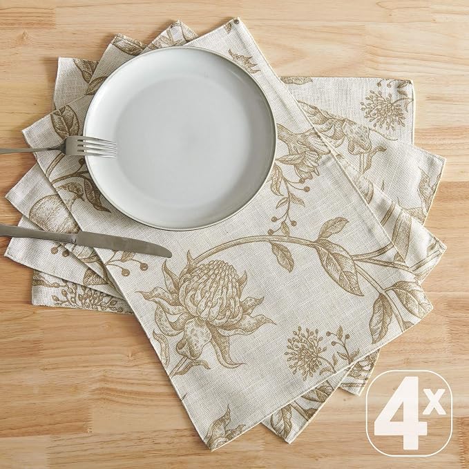 JINCHAN Linen Placemats Set of 4 Farmhouse Botanical Print 13x19 Inch Tan | Fabric Placemats, Cottage Style, Botanical Bird Motif, Machine Washable, Easy to Store, Reusable