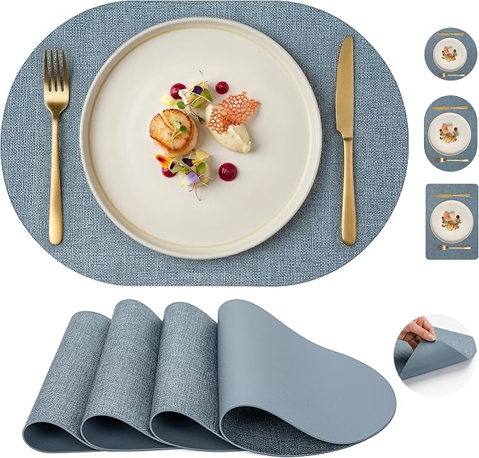 Faux Leather Placemats Set of 4, Wipeable Waterproof Stain Resistant Table Mats, Heat Resistant Thick Placemats with Hand-Painted Edges for Kitchen Dining, Imitative Linen Texture, Various Shapes