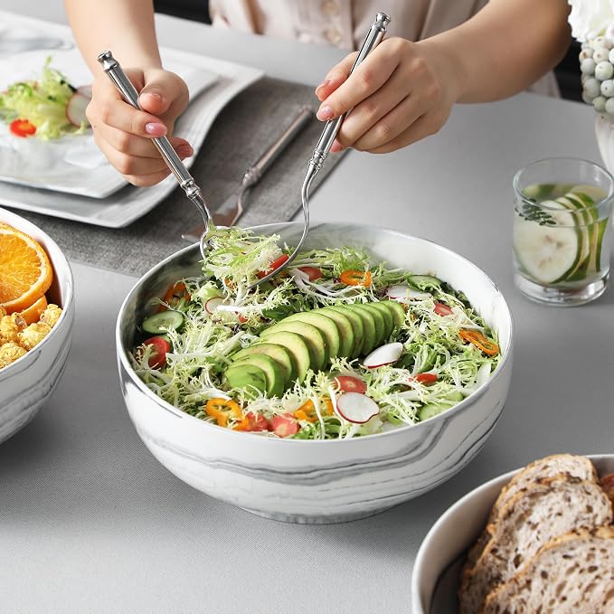 MALACASA Large Serving Bowls, 114 OZ(10") Ceramic Salad Bowls Set of 2 | Marble Grey Bowls for Salad, Soup, Pasta, Dinner, Porcelain Bowls Set for Entertaining, Microwave Safe, Series REGULAR