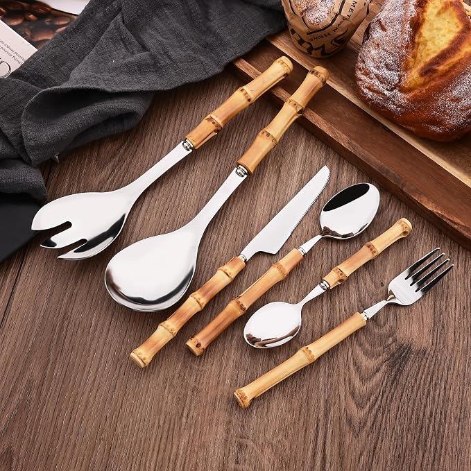 Bamboo Handle Silverware Set, 24-Piece Flatware Set for 6, Stainless Steel Cutlery Eating Utensils Include Forks Spoons and Knives for Daily Use and Party, Reusable and Modern Design
