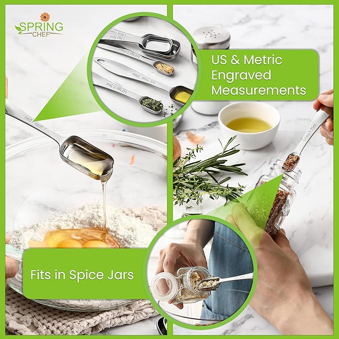 Spring Chef Stainless Steel Measuring Cups and Spoons Set of 10 w/Leveler | Stackable Metal Measuring Cups for Kitchen & Rectangular Teaspoon & Tablespoon Measuring Spoons for Dry & Liquid Ingredients