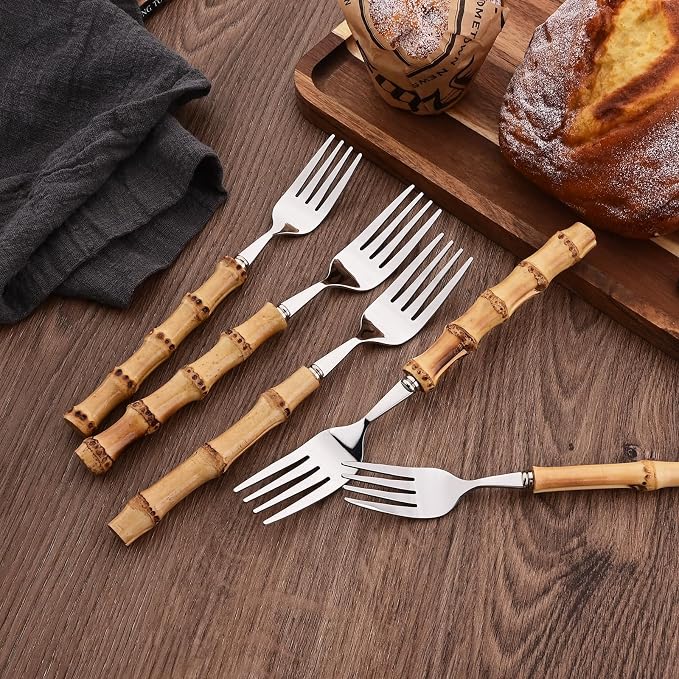 Dinner Fork Set, 8-Piece Natural Bamboo Forks, 18/8 Stainless Steel with Bamboo Handle, Silver Mirror Finish, Unique Design, 8.27 Inch