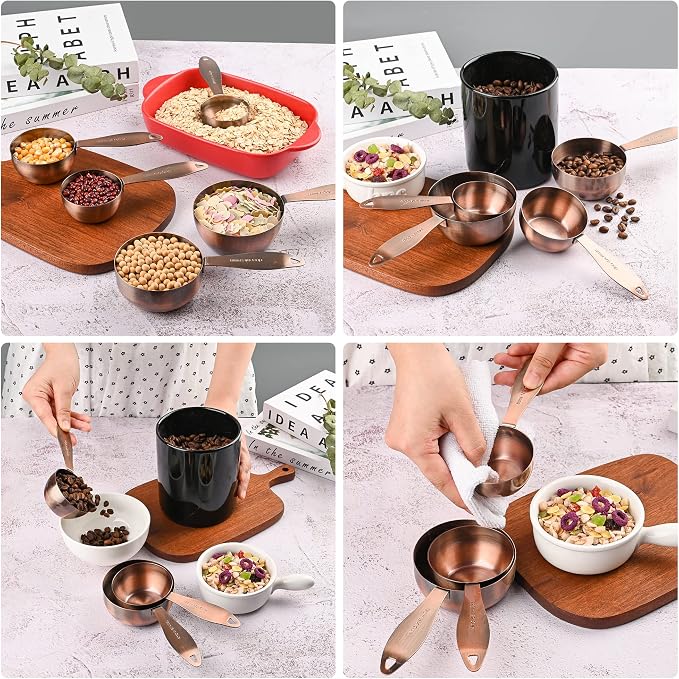 Measuring Cups and Spoons Set, 12 Pieces Stainless Steel Measuring Cup Set, Metal Copper Measuring Cups Spoons, Dry & Liquid Kitchen Measure Cup Spoon & Leveler & Measure Equivalents