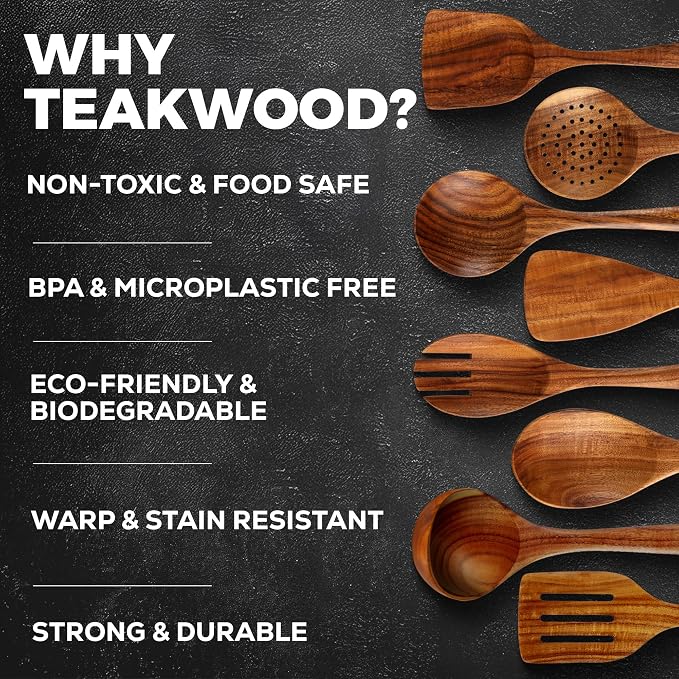 Zulay Kitchen 9-Piece Teak Wooden Utensils for Cooking - Natural Teak Utensil Set with Premium Gift Box - Non-Stick Wooden Spoons for Cooking - Kitchen Gift Set - Comfortable Grip Wooden Utensil Set