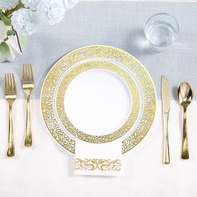 FOCUSLINE 350 Ct Gold Dinnerware Set for 50 Guests, Gold Lace Plastic Plates Disposable Heavy Duty, Including 50 Dinner & Dessert Plates, Cups, Napkins, Cutlery Set