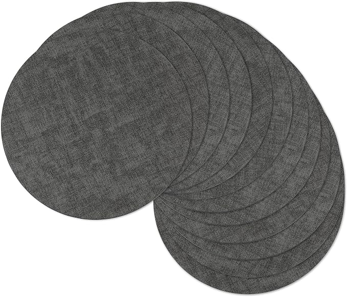 13" Round Placemats Set of 12, Reversible Faux Leather Wipeable Table Mats | 2mm Vinyl Heat Resistant, Waterproof Oilproof Scratch Proof Non-Slip, Washable for Kitchen Dining Indoor Outdoor (Deep Gray)